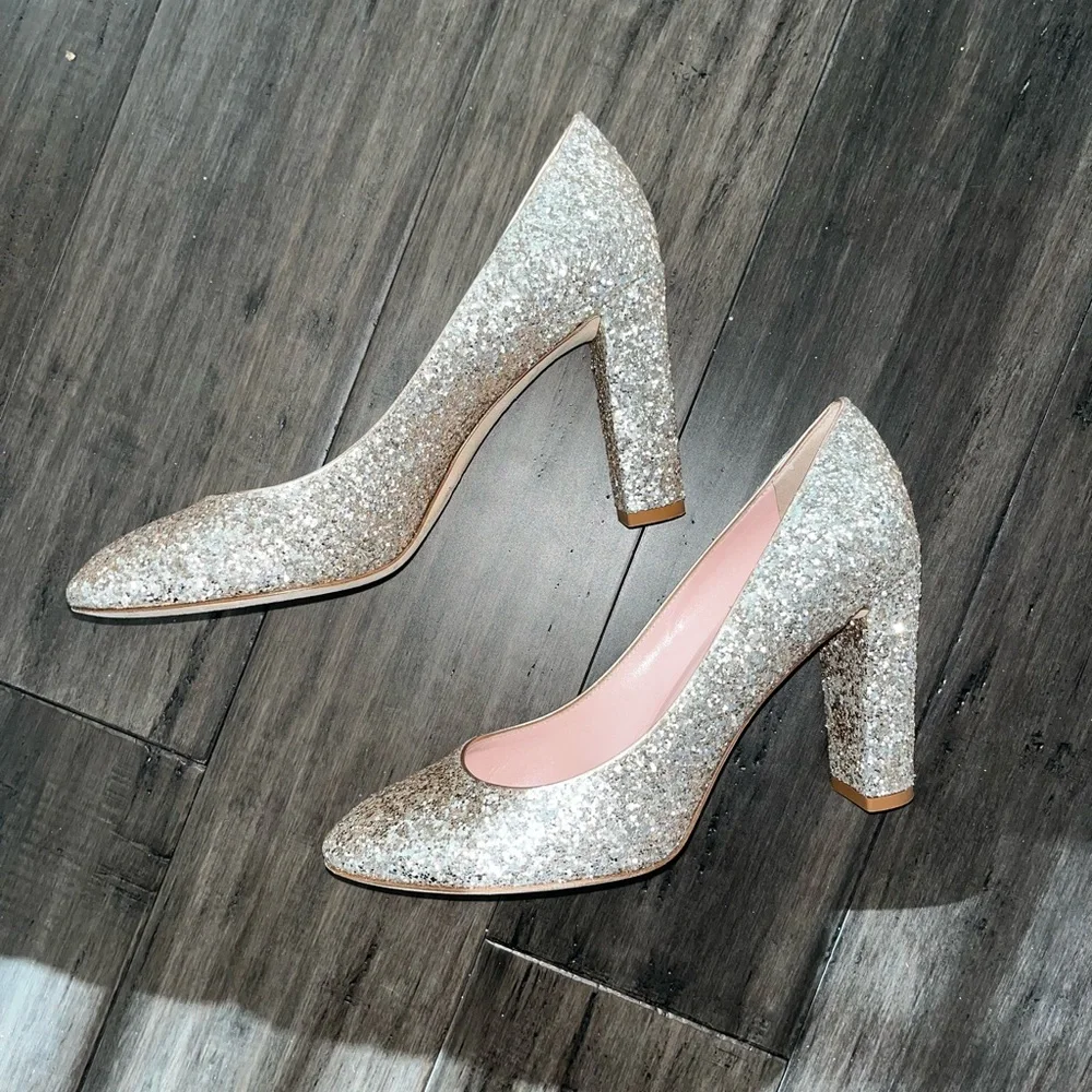 Kate‎ Spade Silver Glitter Sparkly Round Toe Chunky Heel Pump